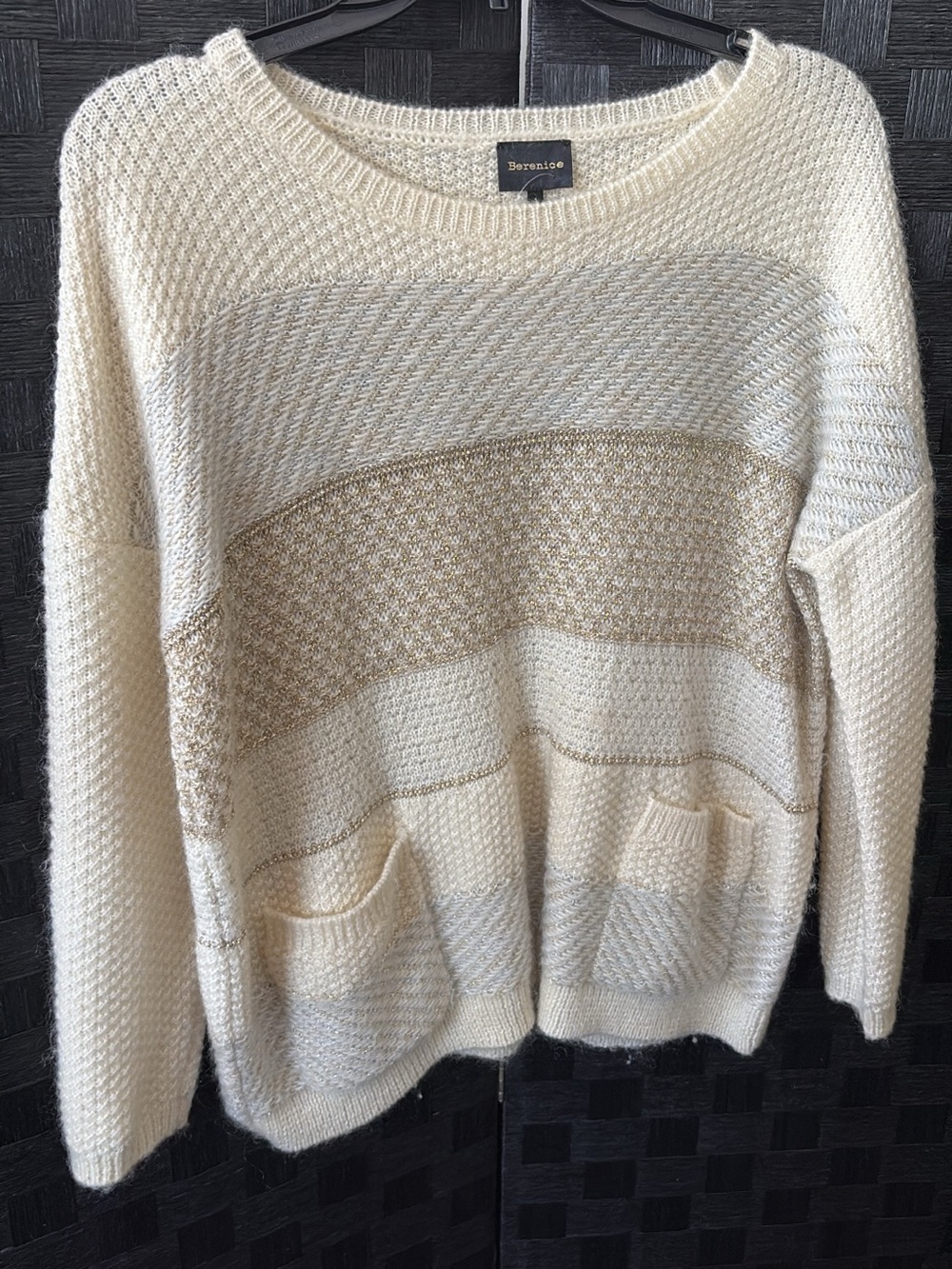 Women's Cream Striped Crewneck Sweater with Front Pockets - Picture 2 of 2